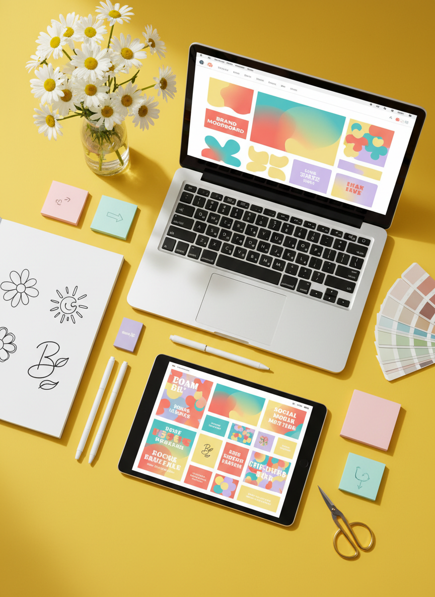 A playful flat-lay of a bright yellow workspace featuring an open laptop displaying a vibrant brand moodboard, a sketchbook with hand-drawn logo concepts, and a tablet showing colorful social media layouts. Surrounding them are fresh daisies in a small glass vase, pastel sticky notes, and neatly arranged color swatch cards. Soft natural daylight from an unseen window bathes the scene, creating gentle shadows and a cheerful, inviting glow. Photographic realism with a clean, modern look, shot from a bird’s-eye view, sharp focus throughout. The mood is energetic yet approachable, perfectly capturing a graphic design studio helping small brands bloom big.