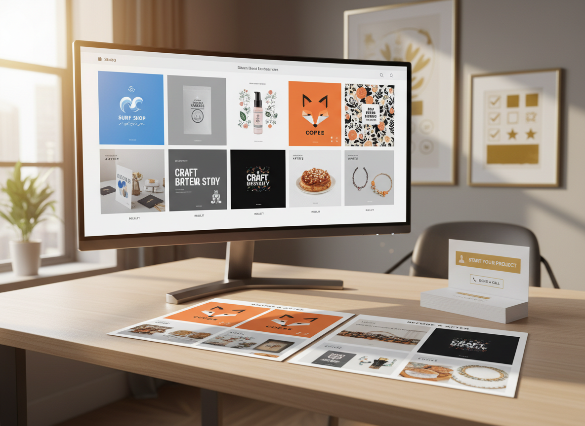 A modern desktop set up as a testimonial and results showcase: a large screen displays a grid of fictional small business websites and packaging designs, each with bold, distinctive branding. Next to the monitor, framed abstract icons imply client praise and social proof without readable text. On the desk, printed before-and-after brand boards are fanned out beside a tidy stack of inquiry cards hinting at a contact call-to-action. Golden hour sunlight streams across the surface, creating warm, dynamic highlights and long, soft shadows. Photographic realism, eye-level composition with slight angle, background softly blurred. The atmosphere feels confident, trustworthy, and celebratory of client success.